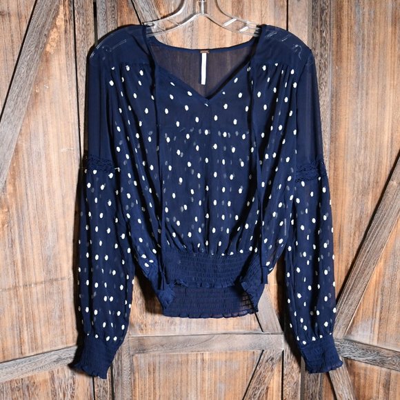 Free People Sheer Navy Polka Dot Peasant Blouse - Picture 4 of 8
